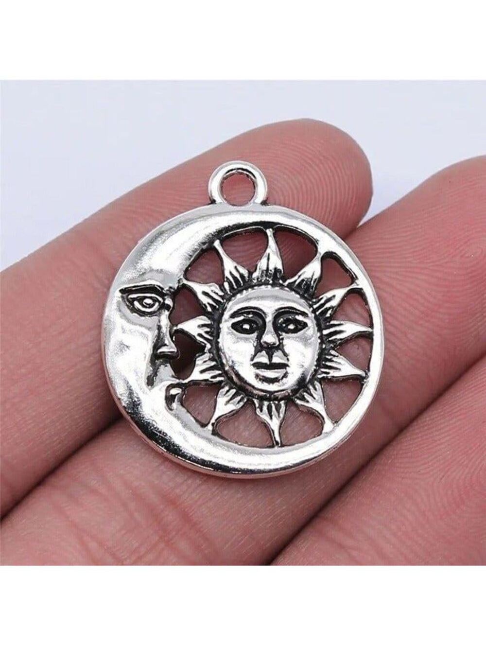 Celestial Sun Crescent Moon Antiqued Silver Pagan Wiccan 28x25mm Pendants 2 pcs
